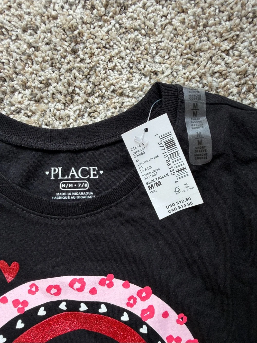 The Children's Place Black Tee with Pink & Red Rainbow Hearts Valentine's Day
